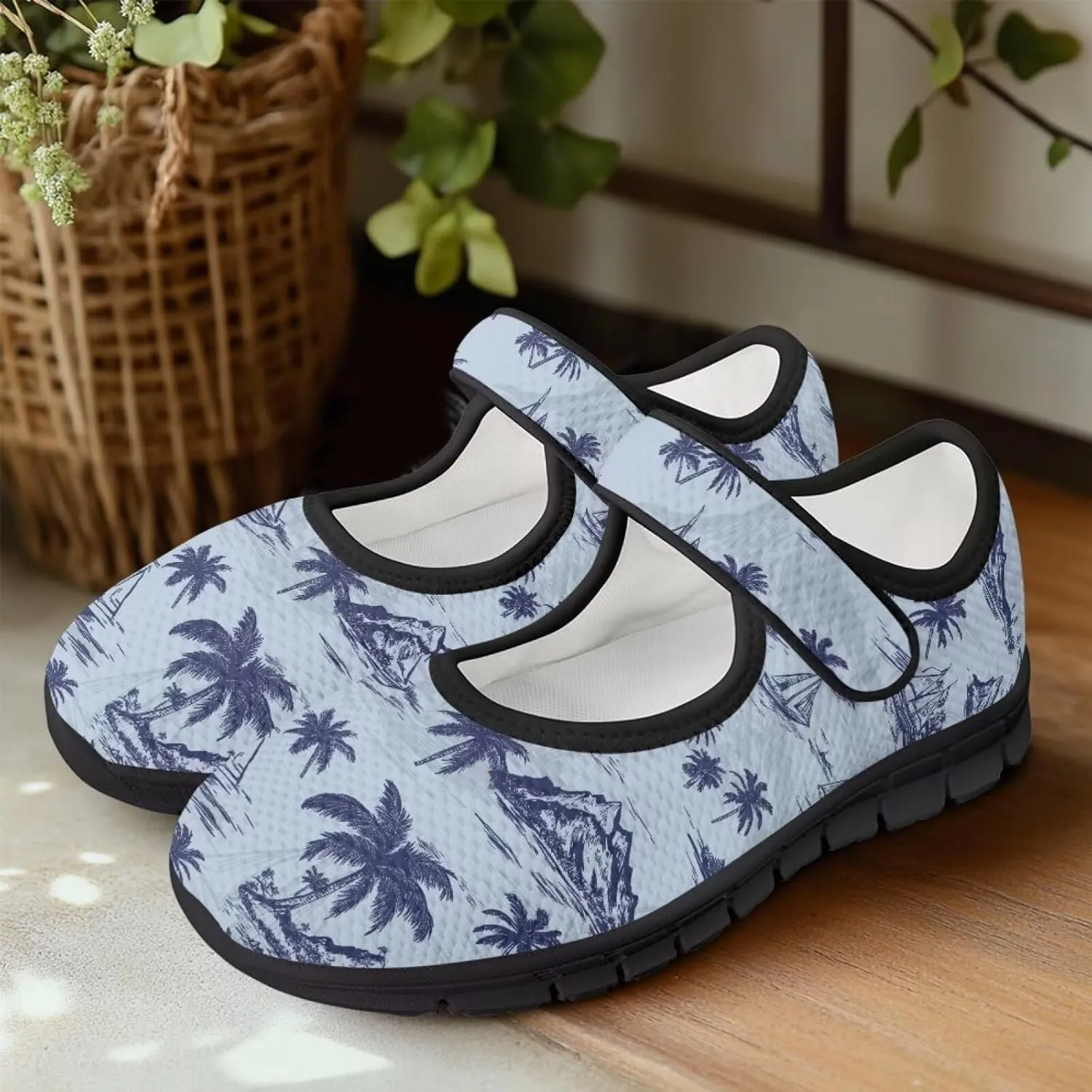 Howilath Hawaiian Tree Print Dress Shoes for Women Mary Jane Sneakers Casual Flats Shoes Ballet Flats Shoes with Magic Sticker
