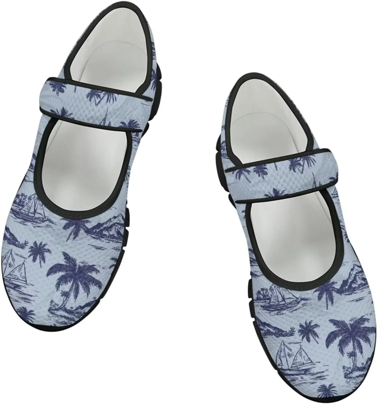 Howilath Hawaiian Tree Print Dress Shoes for Women Mary Jane Sneakers Casual Flats Shoes Ballet Flats Shoes with Magic Sticker