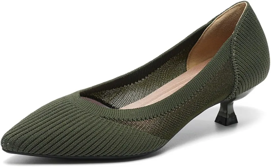 HROYL Women's Knit Pumps Kitten Heels Pointed Toe Slip On Comfortable Casual Formal Dress Shoes