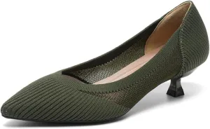HROYL Women's Knit Pumps Kitten Heels Pointed Toe Slip On Comfortable Casual Formal Dress Shoes