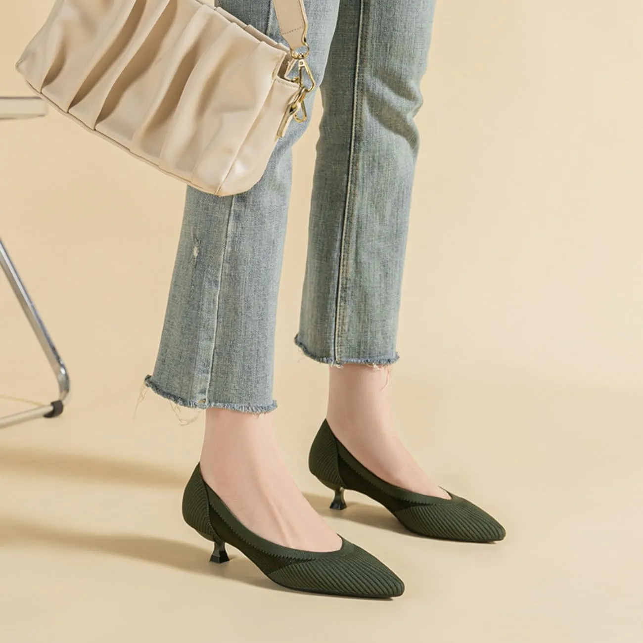 HROYL Women's Knit Pumps Kitten Heels Pointed Toe Slip On Comfortable Casual Formal Dress Shoes