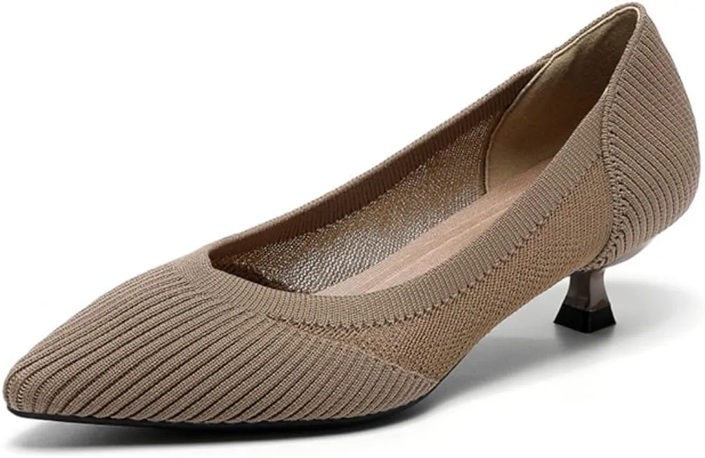 HROYL Women's Knit Pumps Kitten Heels Pointed Toe Slip On Comfortable Casual Formal Dress Shoes