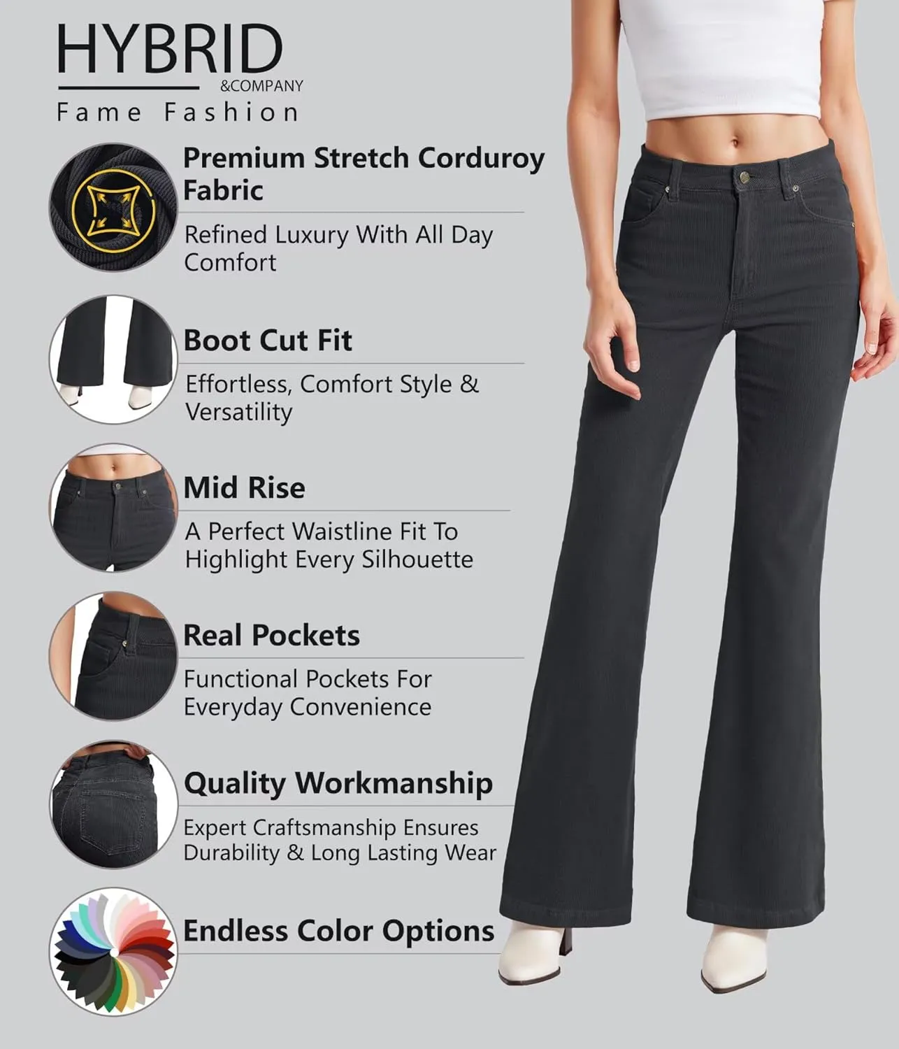 Hybrid & Company Super Comfy Stretch Women 5 Pockets Corduroy Boot Cut Pants