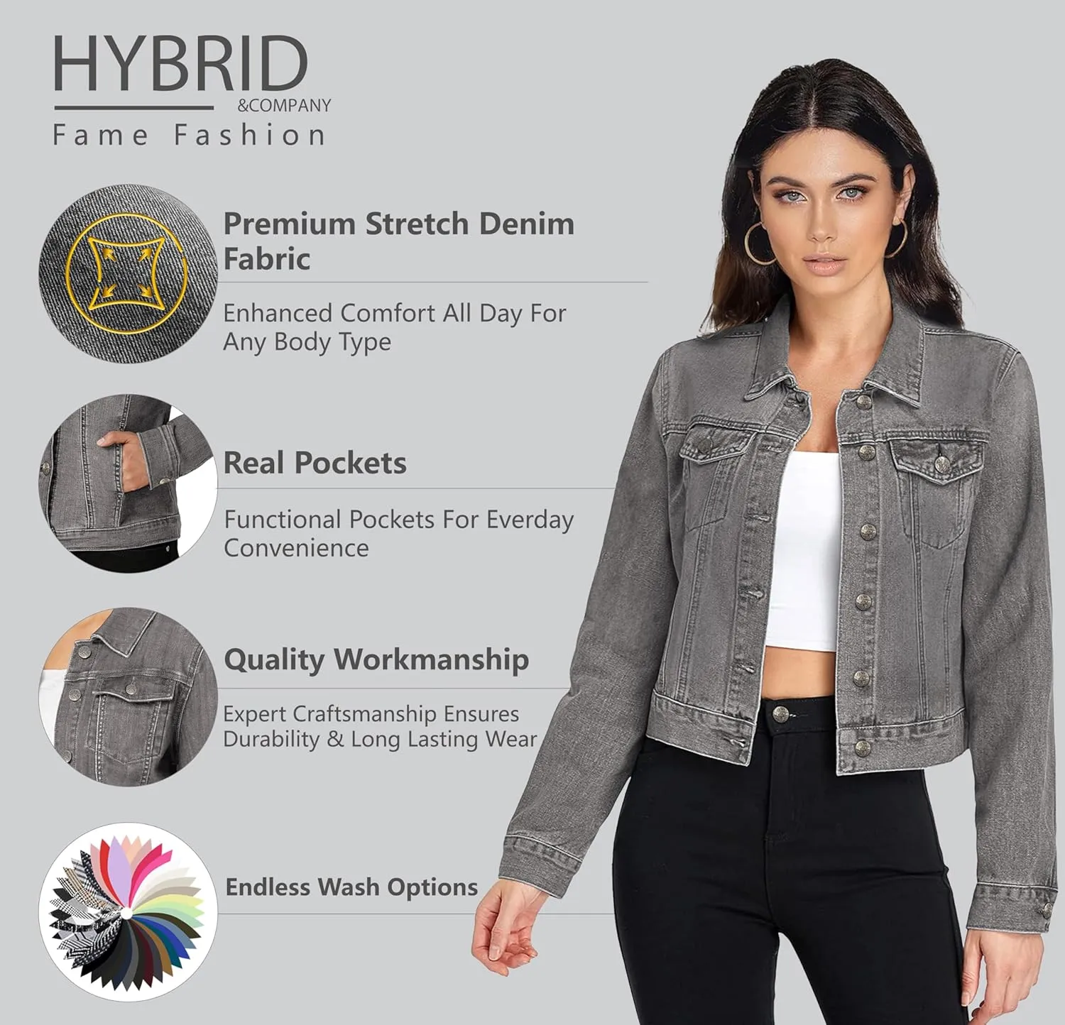Hybrid & Company Women's Long Sleeve Denim Jackets Basic Button Down Jean Jacket with Pockets