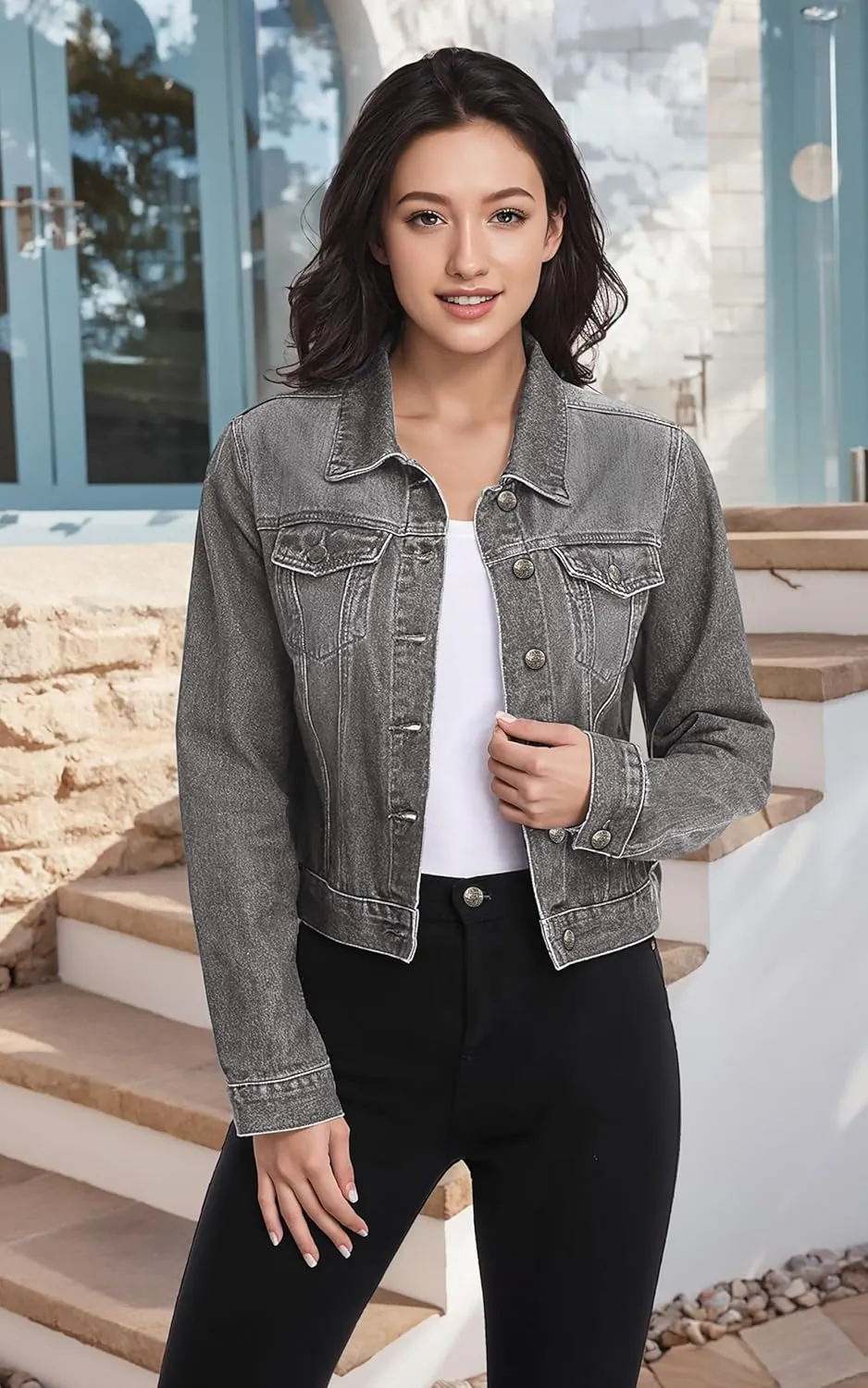 Hybrid & Company Women's Long Sleeve Denim Jackets Basic Button Down Jean Jacket with Pockets