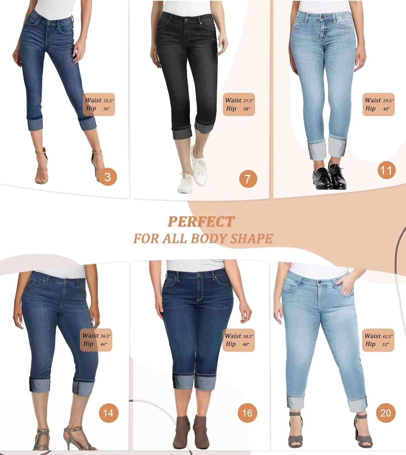 Hybrid & Company Women's Super Stretchy Deep Wide Cuff/Capri Pants Denim Jeans