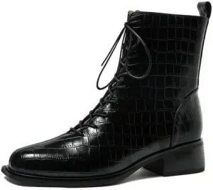 iadore Women's Ankle Boots Fashion Crocodile Pattern Round Toe Chunky Heel Lace-up Boots Autumn and Winter Outdoor Hiking Boots 5-12 US