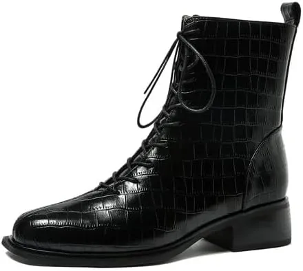 iadore Women's Ankle Boots Fashion Crocodile Pattern Round Toe Chunky Heel Lace-up Boots Autumn and Winter Outdoor Hiking Boots 5-12 US