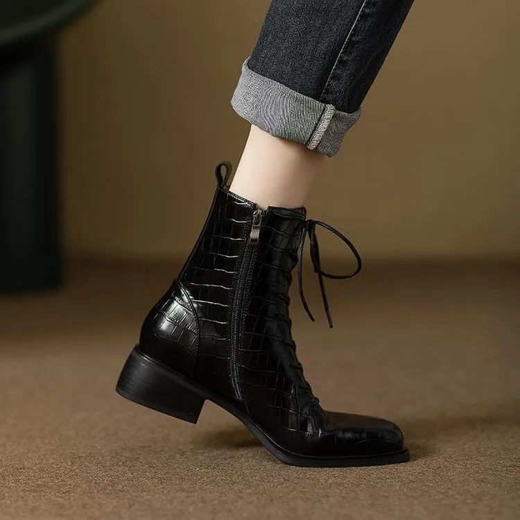 iadore Women's Ankle Boots Fashion Crocodile Pattern Round Toe Chunky Heel Lace-up Boots Autumn and Winter Outdoor Hiking Boots 5-12 US
