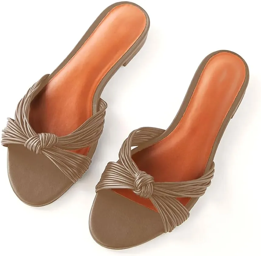 iadore Women's Braided Flat Sandals Round Toe Comfortable Dressy Slides 1 Inch Open Toe Fashion Slide Sandals for Women