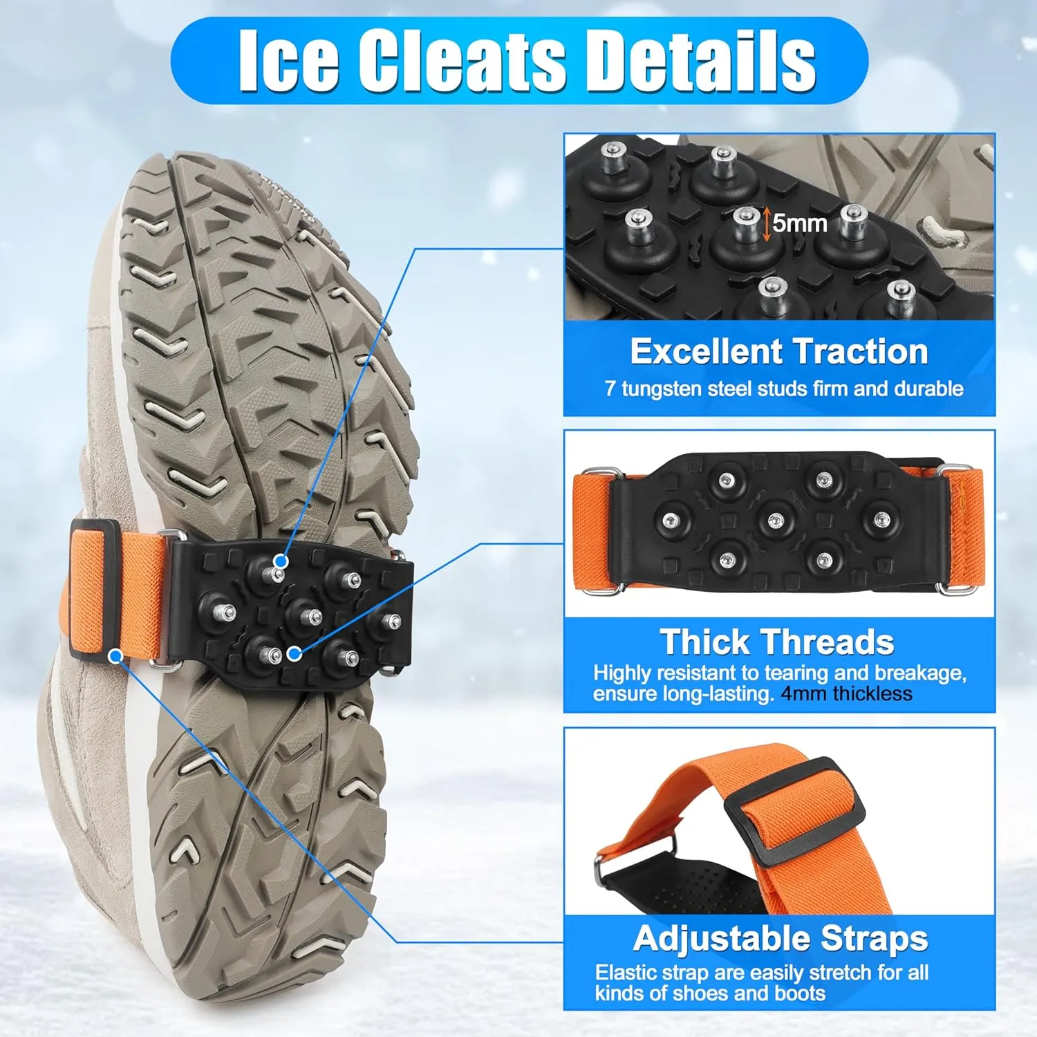 Ice Cleats Snow Traction Cleats for Walking on Snow and Ice Mid-Sole Non-Slip Crampons with Adjustable Straps 7 Tungsten Studs for Grippers Anti Slip Traction Cleats for Walking Jogging Hiking