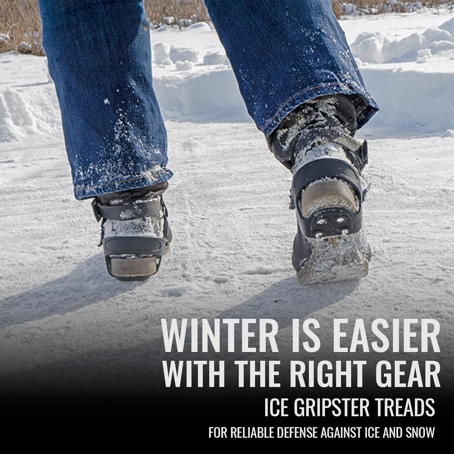 Ice Gripster Treads Nonslip Heel Traction Cleats for Snow and Ice, Anti-Slip Overshoe Crampons with Adjustable Hook-and-Loop Strap, 5 Carbon Steel Studs for Secure Grip, Extra Large, Black
