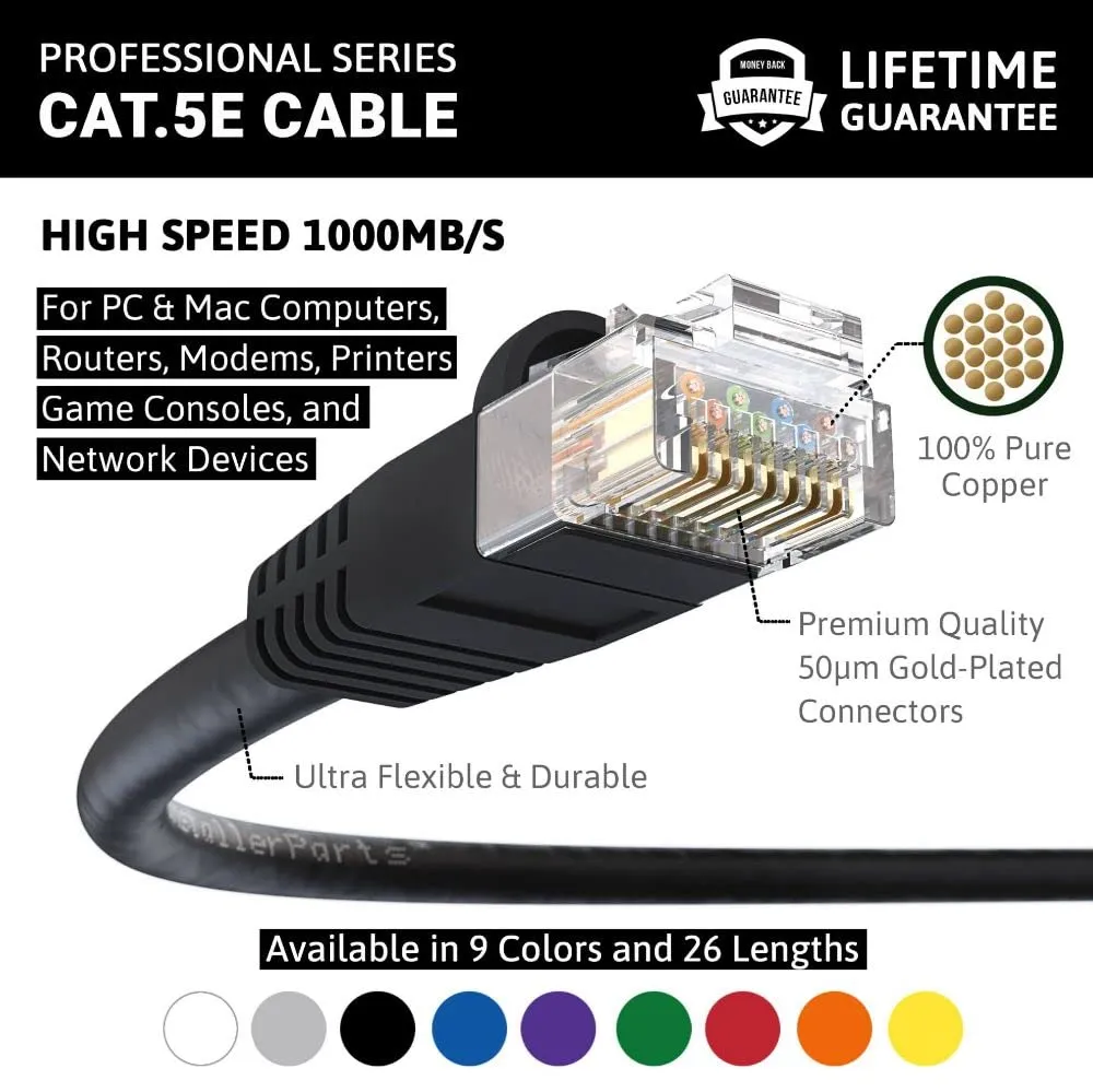 InstallerParts Ethernet Cable CAT5E Cable UTP Booted 30 FT - Black - Professional Series - 1Gigabit/Sec Network/Internet Cable, 350MHZ