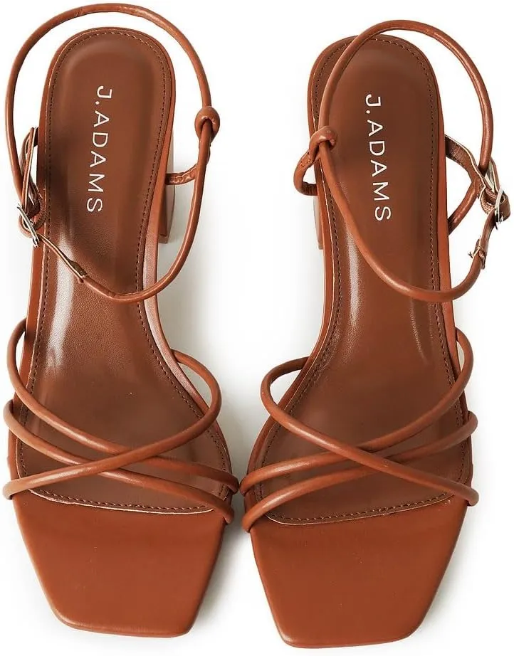 J. Adams Camila Sandals for Women - Square Open Toe Strappy Mid Block Heels