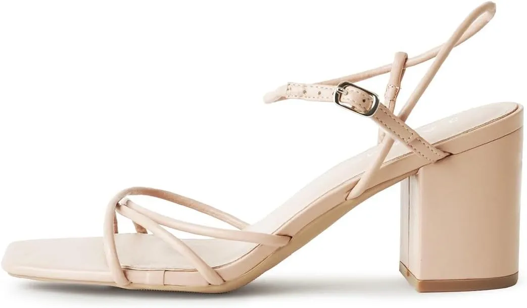 J. Adams Camila Sandals for Women - Square Open Toe Strappy Mid Block Heels