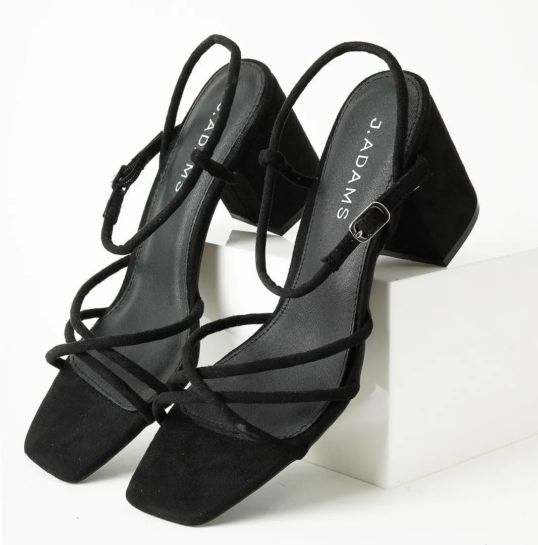 J. Adams Camila Sandals for Women - Square Open Toe Strappy Mid Block Heels