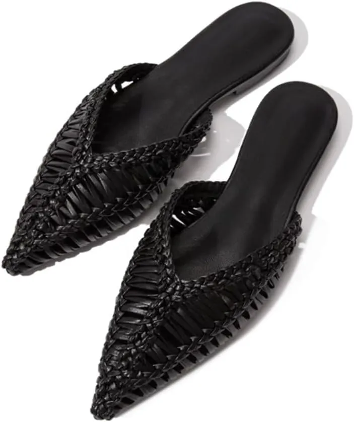 JANSEVEN Woven Flats Mules for Women Pointed Closed Toe Casual Slides Slip On Comfortable Dress Shoes