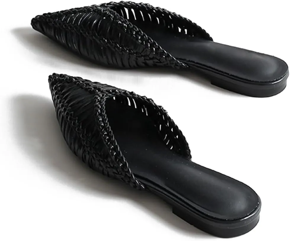 JANSEVEN Woven Flats Mules for Women Pointed Closed Toe Casual Slides Slip On Comfortable Dress Shoes