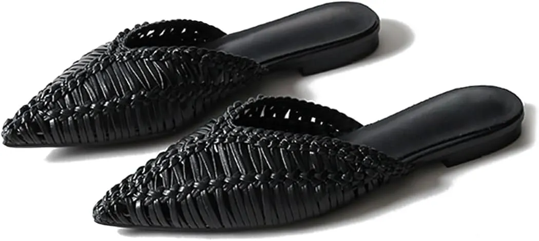 JANSEVEN Woven Flats Mules for Women Pointed Closed Toe Casual Slides Slip On Comfortable Dress Shoes