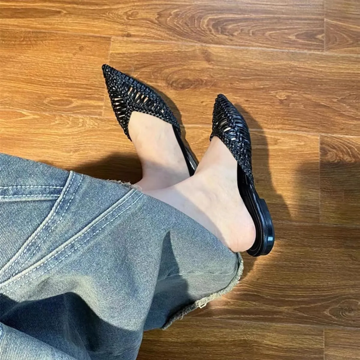 JANSEVEN Woven Flats Mules for Women Pointed Closed Toe Casual Slides Slip On Comfortable Dress Shoes