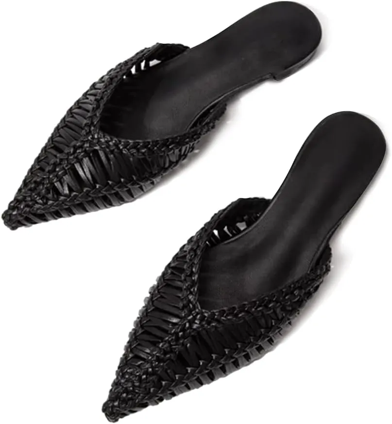 JANSEVEN Woven Flats Mules for Women Pointed Closed Toe Casual Slides Slip On Comfortable Dress Shoes
