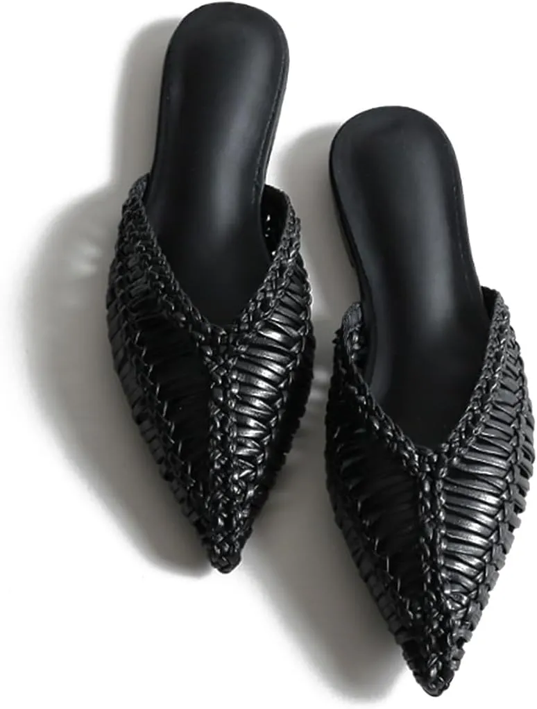 JANSEVEN Woven Flats Mules for Women Pointed Closed Toe Casual Slides Slip On Comfortable Dress Shoes