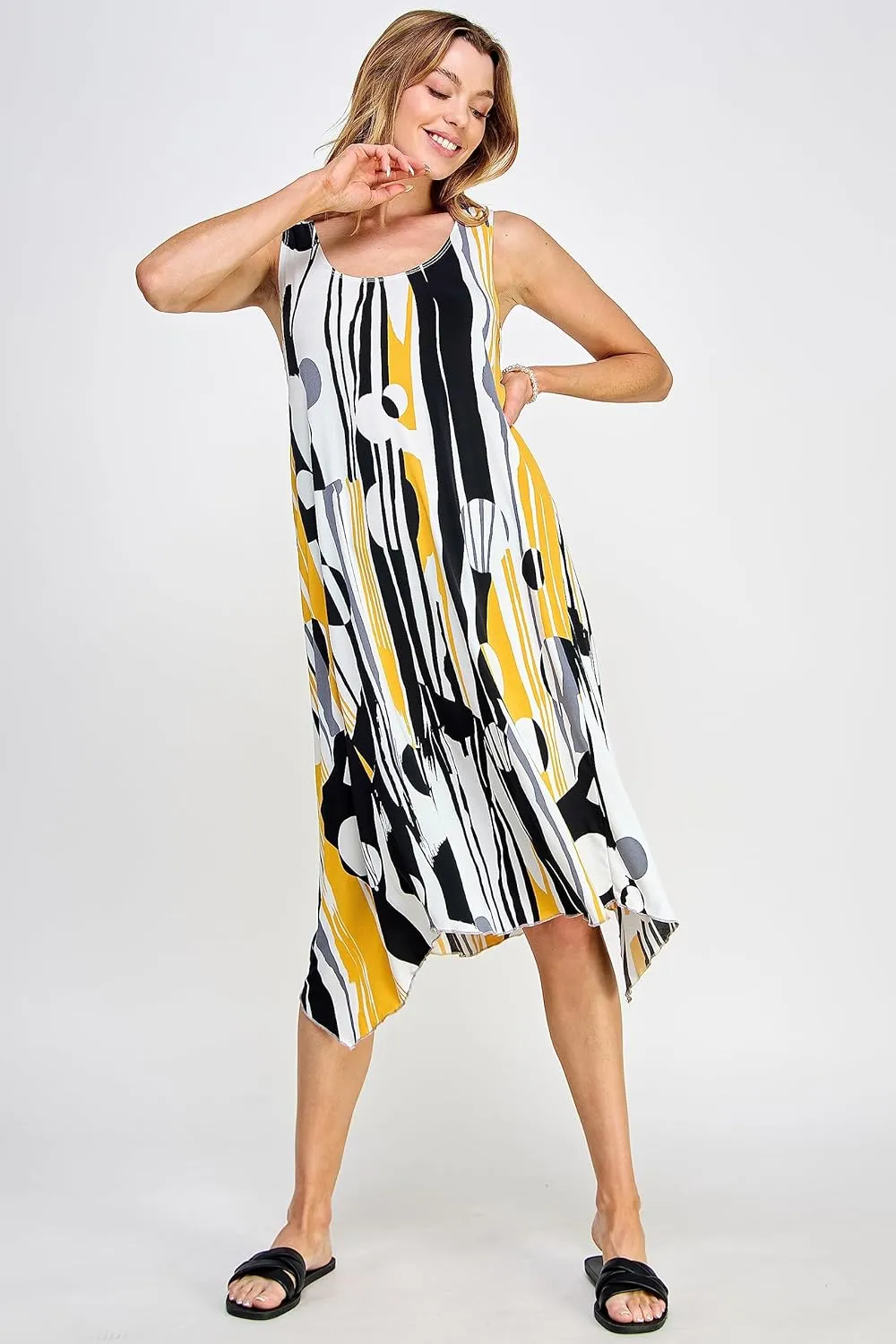 Jostar Women's Print Tank Dress – Sleeveless Diamond Side Scoop Neck Asymmetrical Hem Printed Flowy One Piece