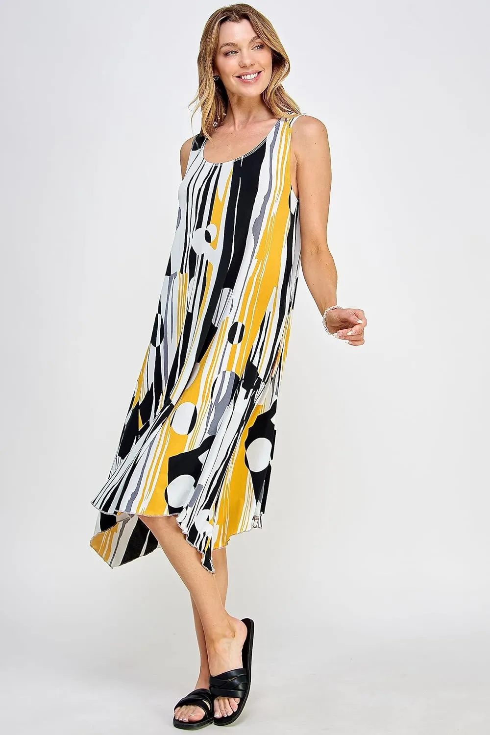 Jostar Women's Print Tank Dress – Sleeveless Diamond Side Scoop Neck Asymmetrical Hem Printed Flowy One Piece