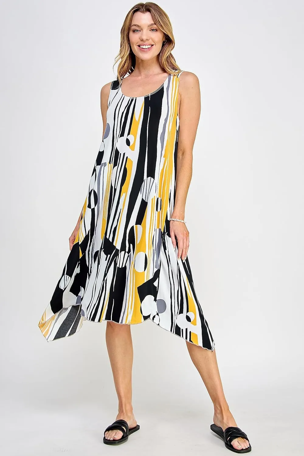 Jostar Women's Print Tank Dress – Sleeveless Diamond Side Scoop Neck Asymmetrical Hem Printed Flowy One Piece