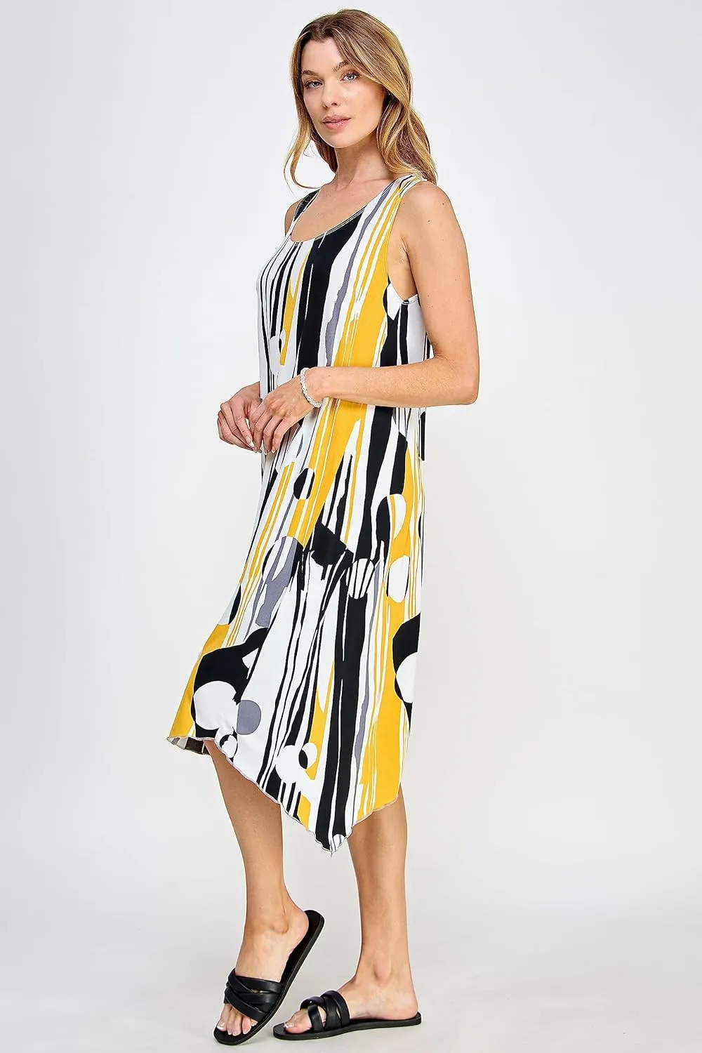 Jostar Women's Print Tank Dress – Sleeveless Diamond Side Scoop Neck Asymmetrical Hem Printed Flowy One Piece