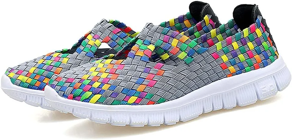 JOYVIP Hand-Woven Walking Flats Summer Sandals for Women Elastic Slip On Shoes