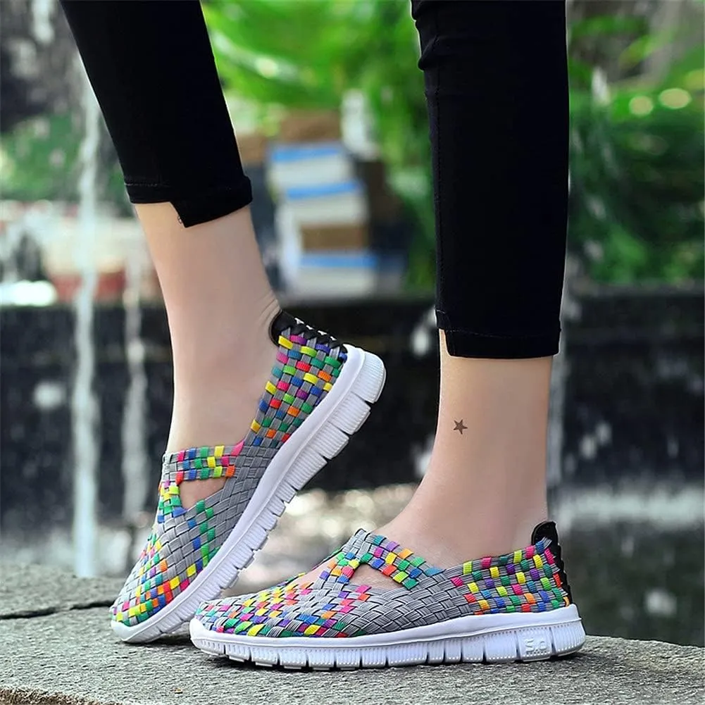JOYVIP Hand-Woven Walking Flats Summer Sandals for Women Elastic Slip On Shoes