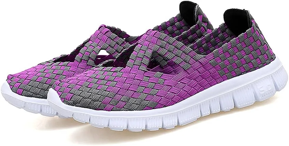 JOYVIP Hand-Woven Walking Flats Summer Sandals for Women Elastic Slip On Shoes