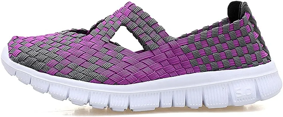 JOYVIP Hand-Woven Walking Flats Summer Sandals for Women Elastic Slip On Shoes