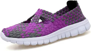 JOYVIP Hand-Woven Walking Flats Summer Sandals for Women Elastic Slip On Shoes