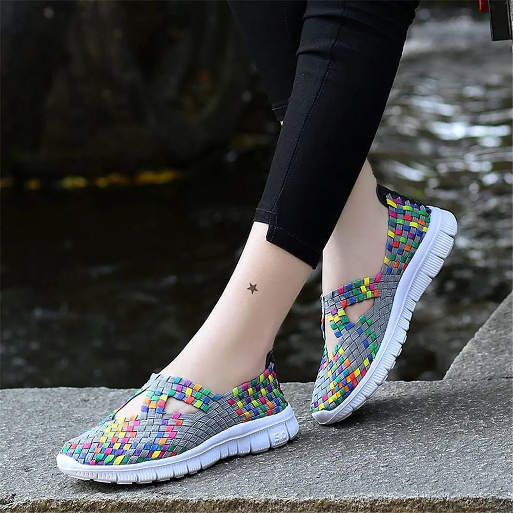JOYVIP Hand-Woven Walking Flats Summer Sandals for Women Elastic Slip On Shoes