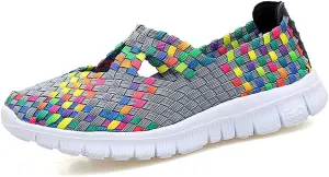 JOYVIP Hand-Woven Walking Flats Summer Sandals for Women Elastic Slip On Shoes