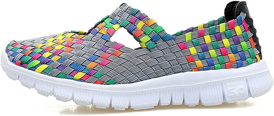 JOYVIP Hand-Woven Walking Flats Summer Sandals for Women Elastic Slip On Shoes