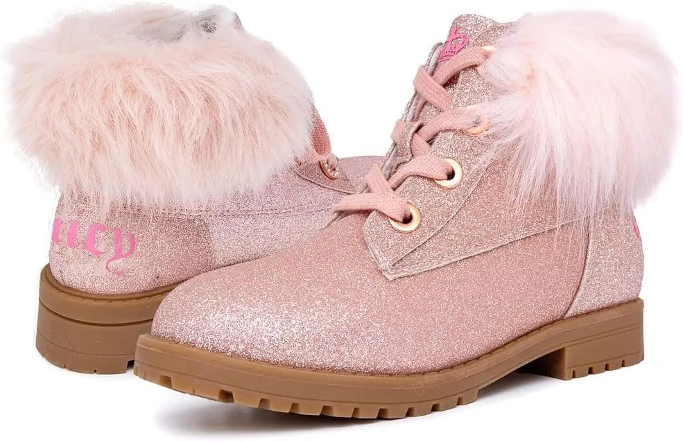 Juicy Couture Girls’ Glitter Booties – Sparkly Faux Fur Chukka Boots with Lace-Up Closure, Winter Ankle Boots for Toddler/Little/Big Kids
