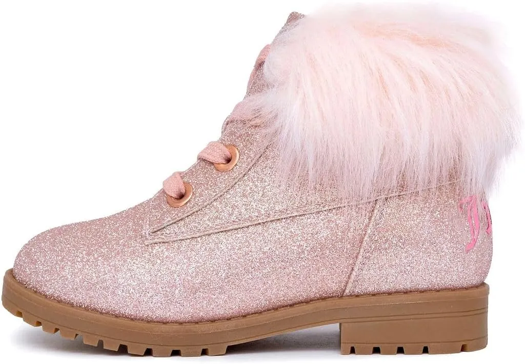 Juicy Couture Girls’ Glitter Booties – Sparkly Faux Fur Chukka Boots with Lace-Up Closure, Winter Ankle Boots for Toddler/Little/Big Kids