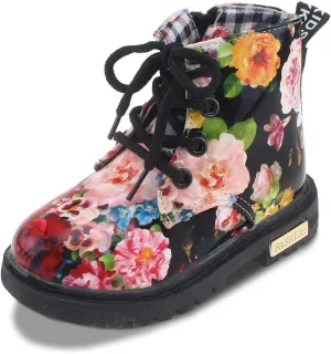 Kid Girl's Floral Boots Lace Up Booties Black Flower,Toddler Size 8