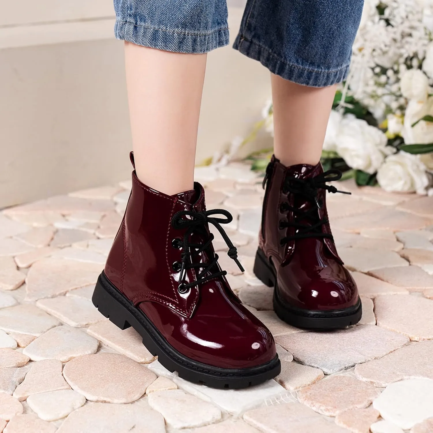 Kids Boots Boys Girls Bright Color Lace up Ankle Boots Side Zipper Boots
