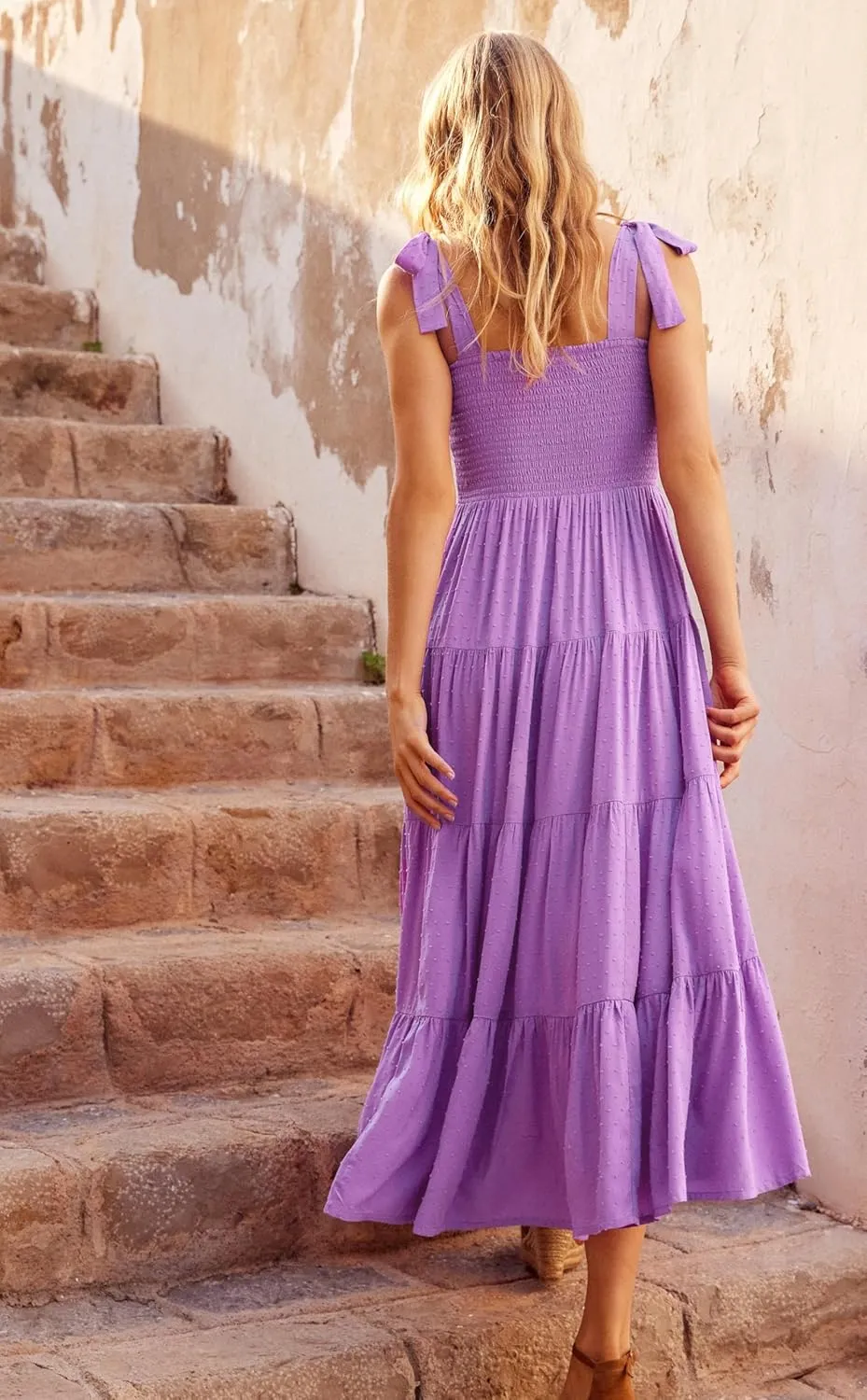 kinstell Women's Summer Boho Spaghetti Strap Square Neck Ruffle Casual Flowy Long Dress Beach Swing Party Maxi Dress