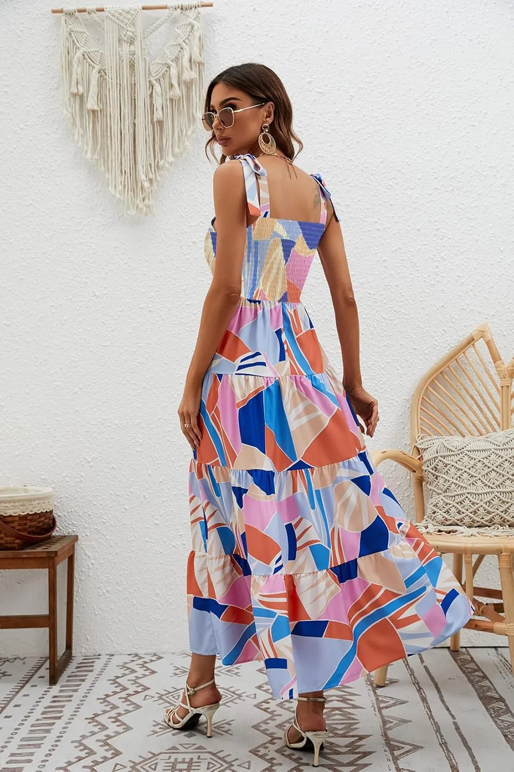 kinstell Women's Summer Boho Spaghetti Strap Square Neck Ruffle Casual Flowy Long Dress Beach Swing Party Maxi Dress