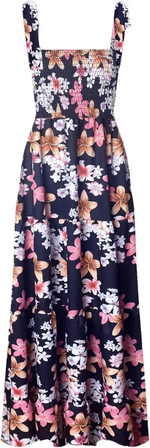 kinstell Women's Summer Boho Spaghetti Strap Square Neck Ruffle Casual Flowy Long Dress Beach Swing Party Maxi Dress