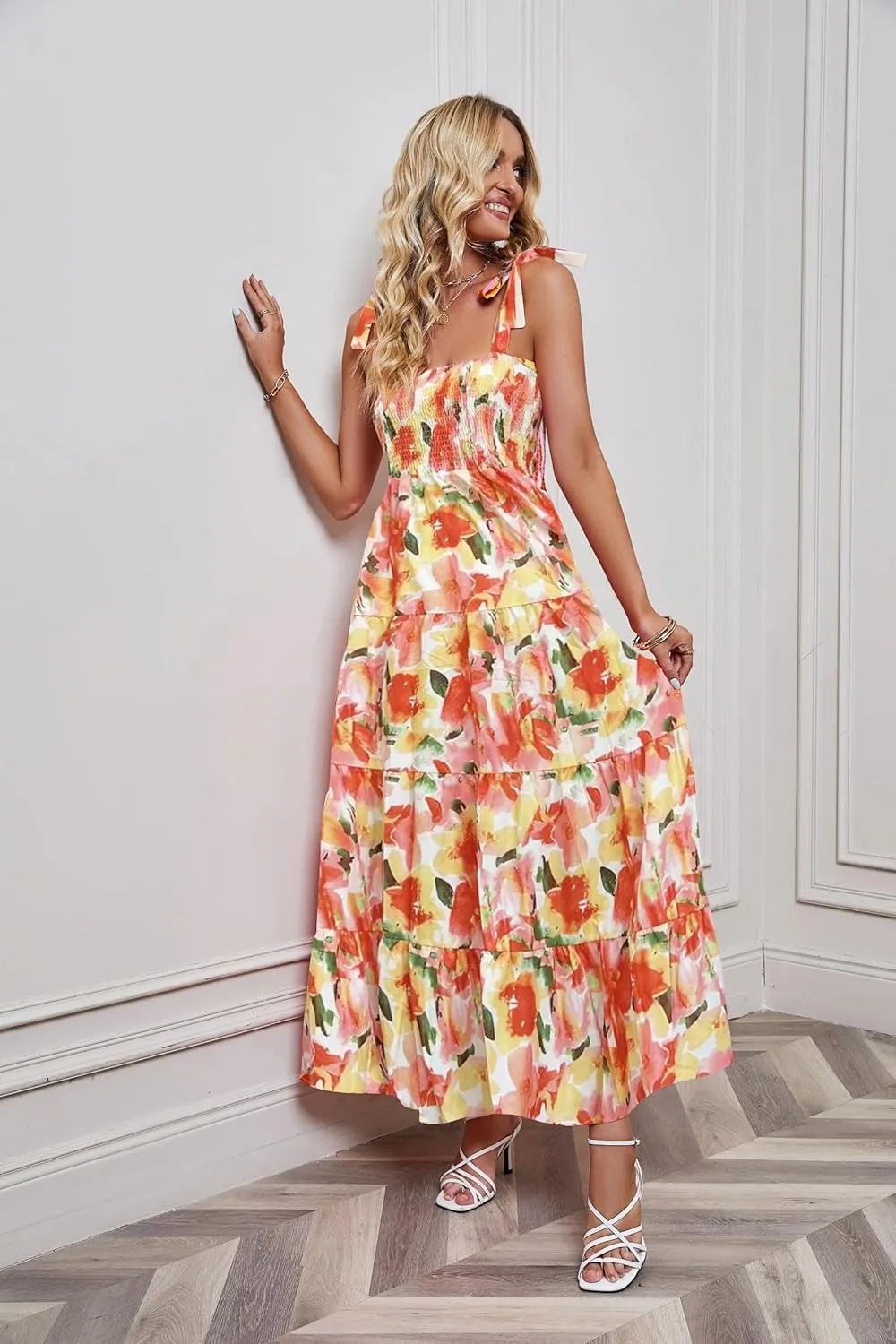 kinstell Women's Summer Boho Spaghetti Strap Square Neck Ruffle Casual Flowy Long Dress Beach Swing Party Maxi Dress