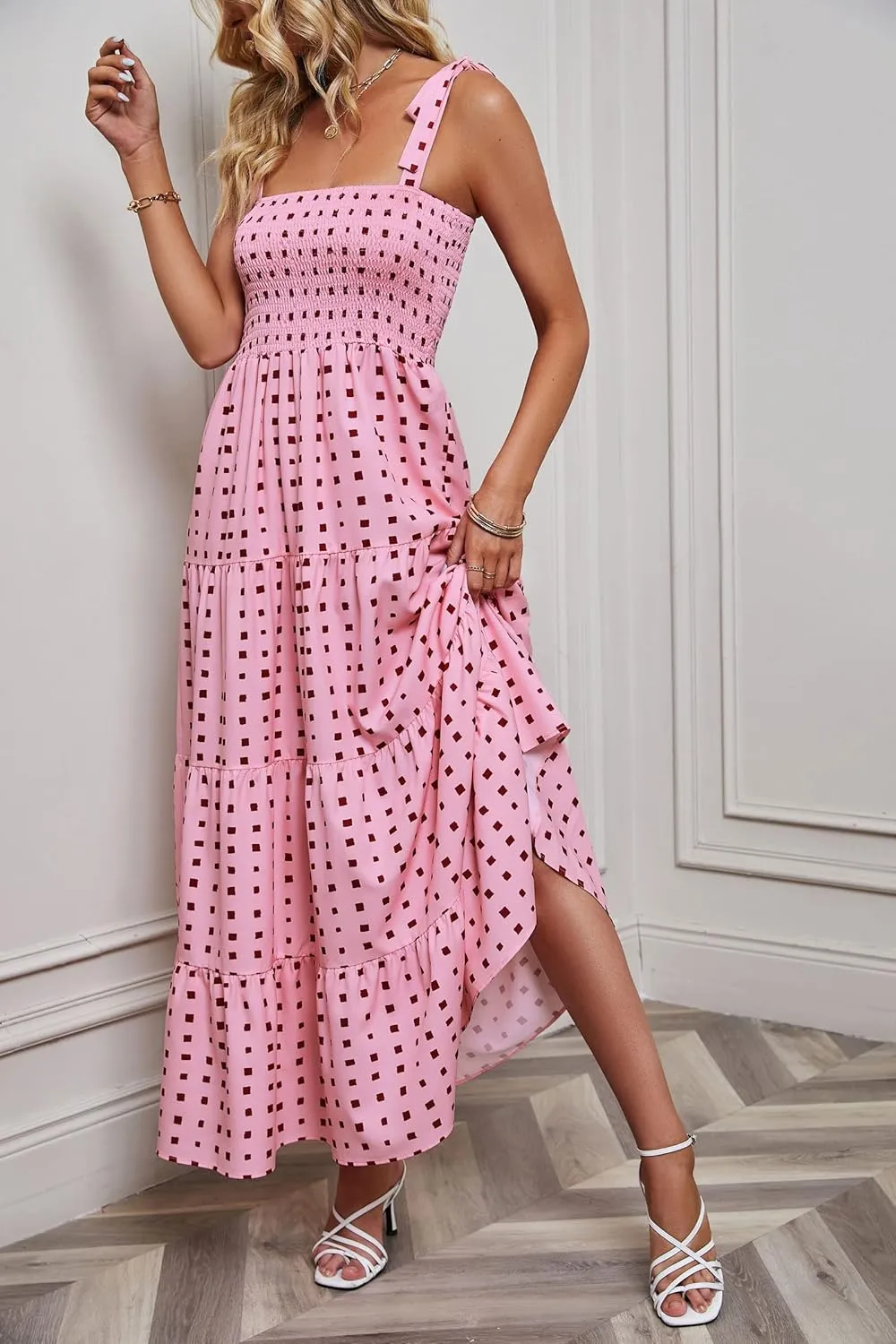 kinstell Women's Summer Boho Spaghetti Strap Square Neck Ruffle Casual Flowy Long Dress Beach Swing Party Maxi Dress