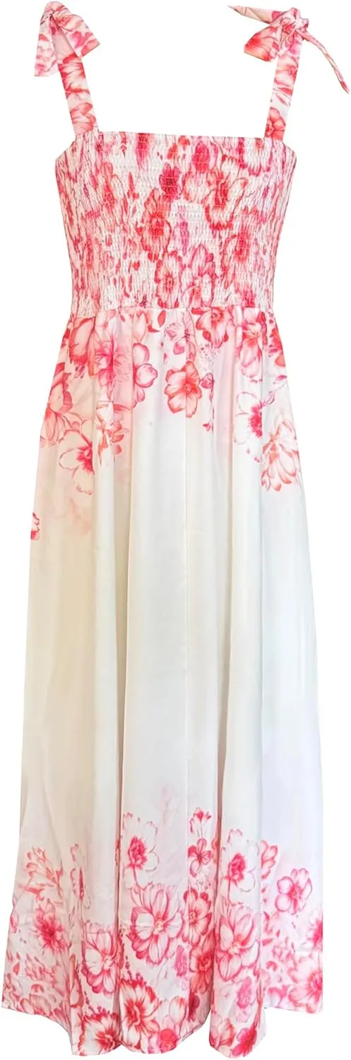 kinstell Women's Summer Boho Spaghetti Strap Square Neck Ruffle Casual Flowy Long Dress Beach Swing Party Maxi Dress