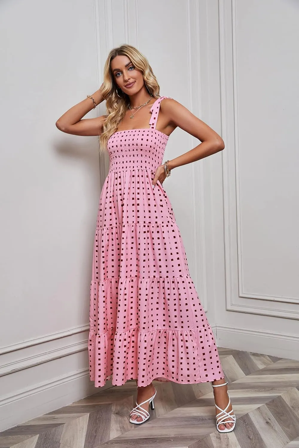 kinstell Women's Summer Boho Spaghetti Strap Square Neck Ruffle Casual Flowy Long Dress Beach Swing Party Maxi Dress