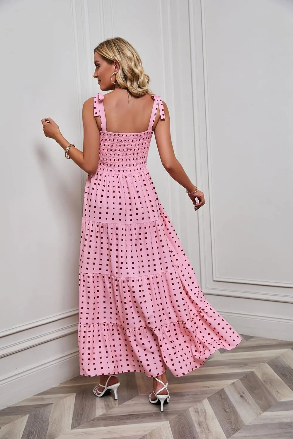 kinstell Women's Summer Boho Spaghetti Strap Square Neck Ruffle Casual Flowy Long Dress Beach Swing Party Maxi Dress